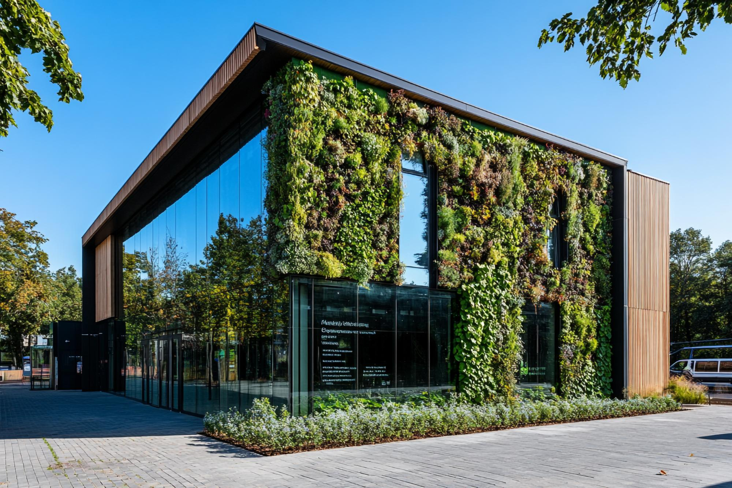 A building featuring a vibrant green wall on its side, enhancing its aesthetic appeal and promoting sustainability
