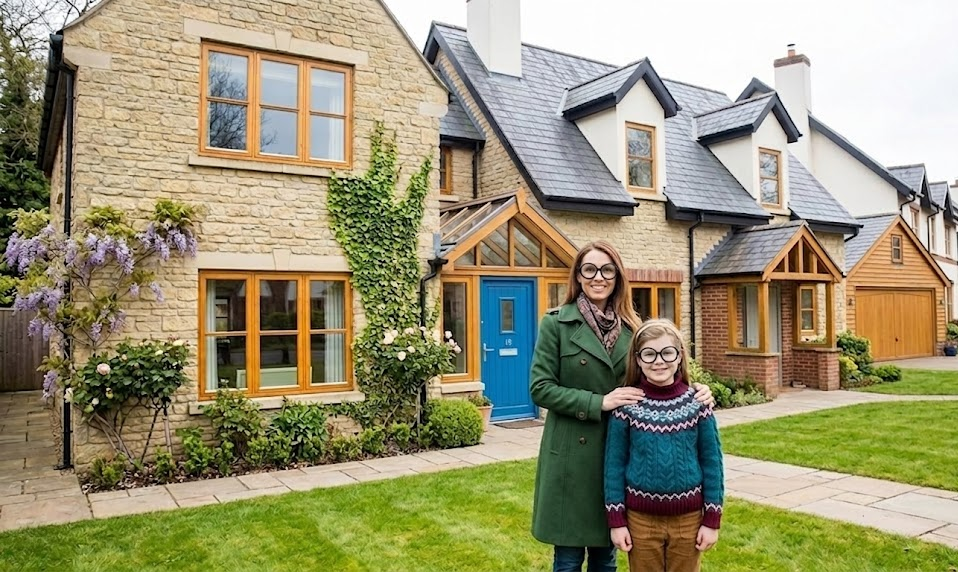 Mother and child standing outside a charming stone house with lush green lawn and wisteria in bloom