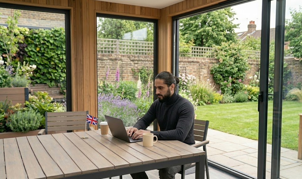 Man working on laptop in garden room with UK flag, surrounded by greenery and modern decor